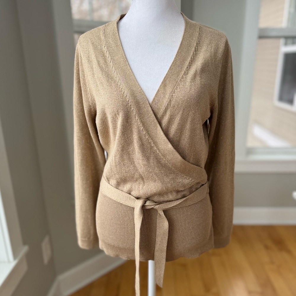 New York & Company Metallic Gold Wrap Front Tie Waist Sweater Size Medium